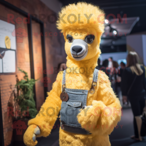 Yellow Alpaca mascot costume character dressed with a Skinny Jeans and Belts