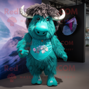 Teal Buffalo mascot costume character dressed with a Swimwear and Hair clips