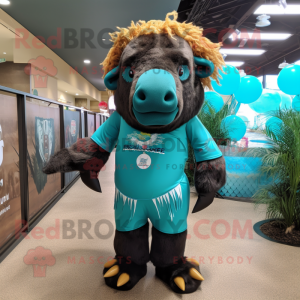 Teal Buffalo mascot costume character dressed with a Swimwear and Hair clips