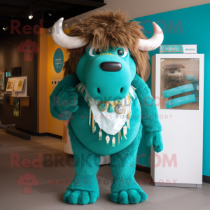 Teal Buffalo mascot costume character dressed with a Swimwear and Hair clips