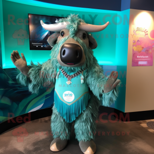 Teal Buffalo mascot costume character dressed with a Swimwear and Hair clips