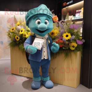 Teal Bouquet Of Flowers mascot costume character dressed with a Blouse and Wallets