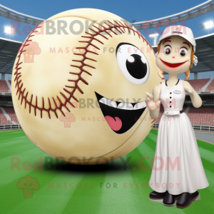 Cream Baseball Ball mascot costume character dressed with a Bikini and Earrings