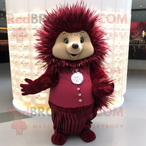 Maroon Porcupine mascot costume character dressed with a Wrap Dress and Coin purses