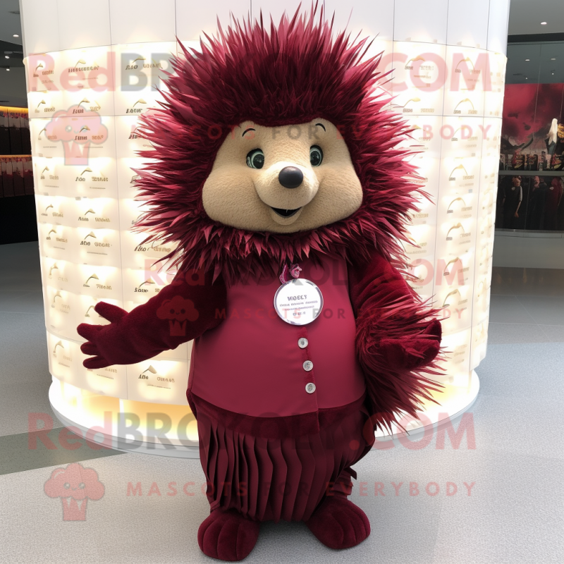 Maroon Porcupine mascot costume character dressed with a Wrap Dress and Coin purses