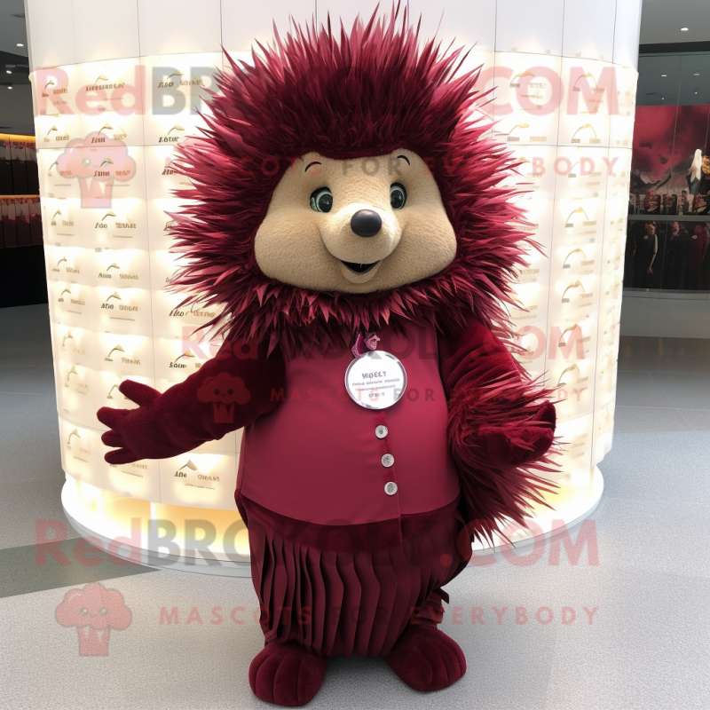 Maroon Porcupine mascot costume character dressed with a Wrap Dress and Coin purses Maroon Porcupine mascot costume character dressed with a Wrap Dress and Coin purses