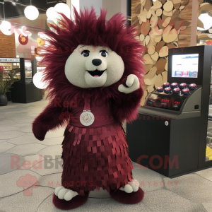 Maroon Porcupine mascot costume character dressed with a Wrap Dress and Coin purses