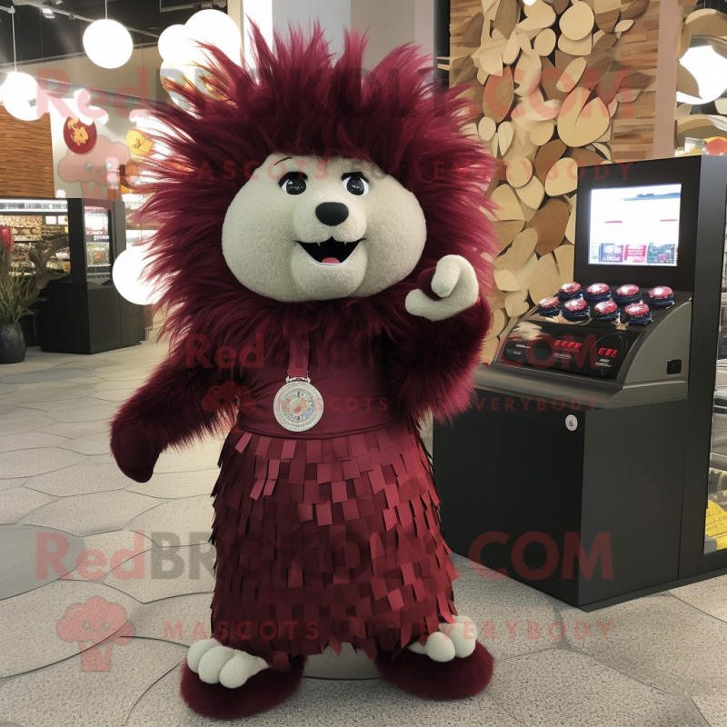 Maroon Porcupine mascot costume character dressed with a Wrap Dress and Coin purses Maroon Porcupine mascot costume character dressed with a Wrap Dress and Coin purses