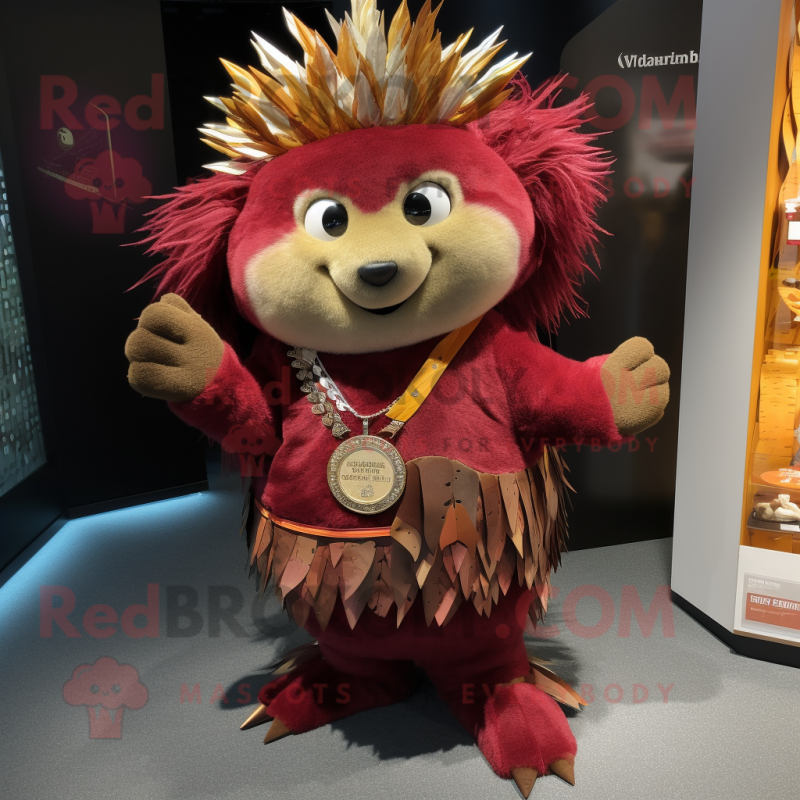 Maroon Porcupine mascot costume character dressed with a Wrap Dress and Coin purses