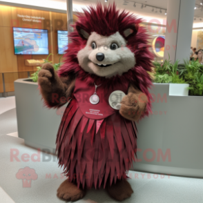 Maroon Porcupine mascot costume character dressed with a Wrap Dress and Coin purses