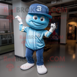 Blue Baseball Glove mascot costume character dressed with a Bootcut Jeans and Hats