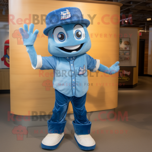 Blue Baseball Glove mascot costume character dressed with a Bootcut Jeans and Hats