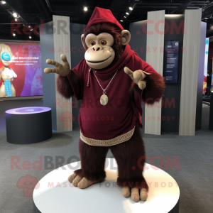 Maroon Chimpanzee mascot costume character dressed with a Long Sleeve Tee and Necklaces