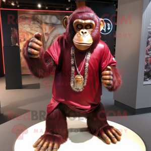 Maroon Chimpanzee mascot costume character dressed with a Long Sleeve Tee and Necklaces