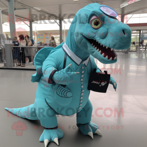 Cyan Tyrannosaurus mascot costume character dressed with a Circle Skirt and Messenger bags