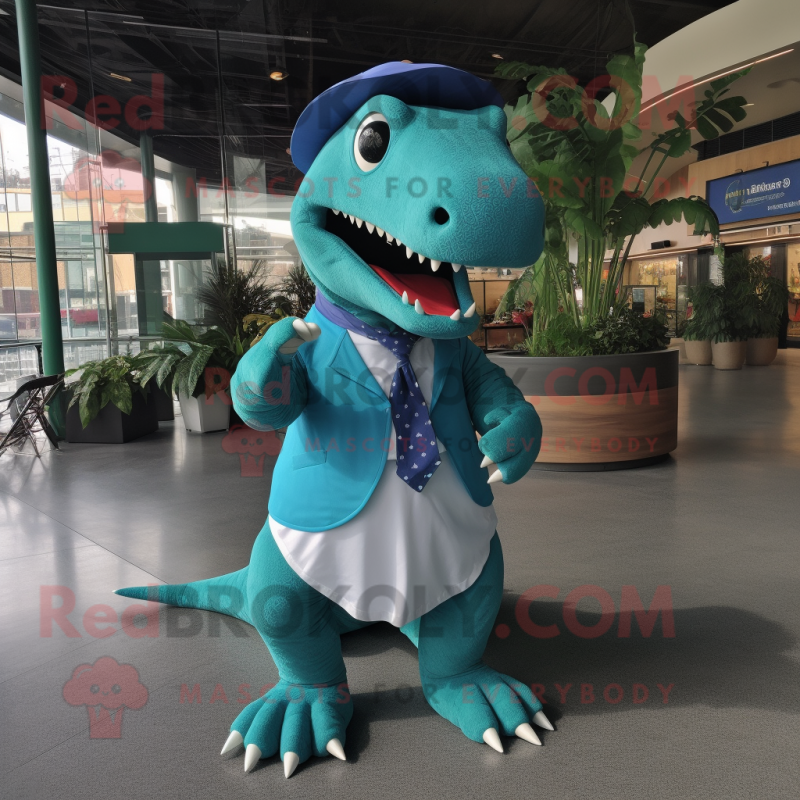 Cyan Tyrannosaurus mascot costume character dressed with a Circle Skirt and Messenger bags