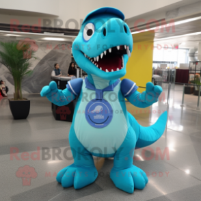 Cyan Tyrannosaurus mascot costume character dressed with a Circle Skirt and Messenger bags