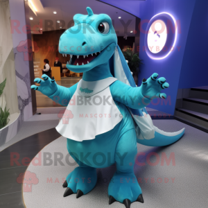Cyan Tyrannosaurus mascot costume character dressed with a Circle Skirt and Messenger bags