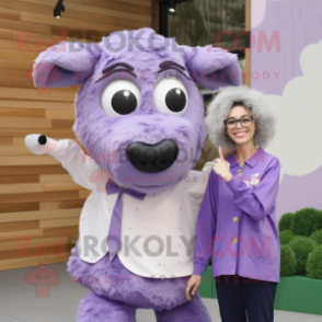 Lavender Steak mascot costume character dressed with a Blouse and Eyeglasses