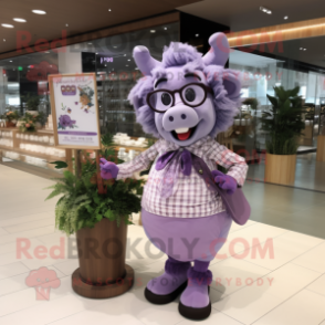 Lavender Steak mascot costume character dressed with a Blouse and Eyeglasses