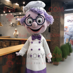 Lavender Steak mascot costume character dressed with a Blouse and Eyeglasses