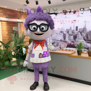 Lavender Steak mascot costume character dressed with a Blouse and Eyeglasses