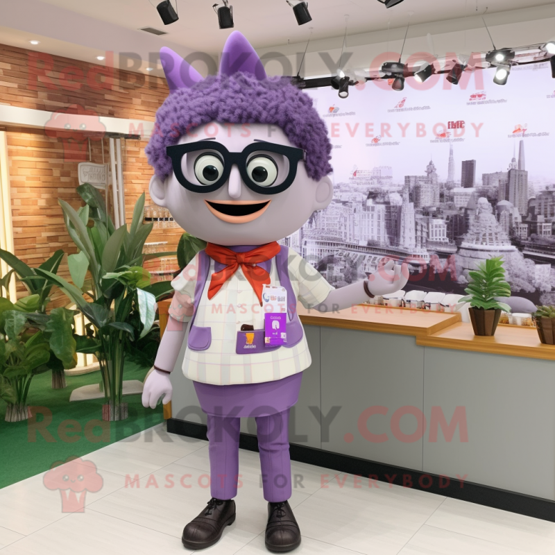 Lavender Steak mascot costume character dressed with a Blouse and Eyeglasses Lavender Steak mascot costume character dressed with a Blouse and Eyeglasses