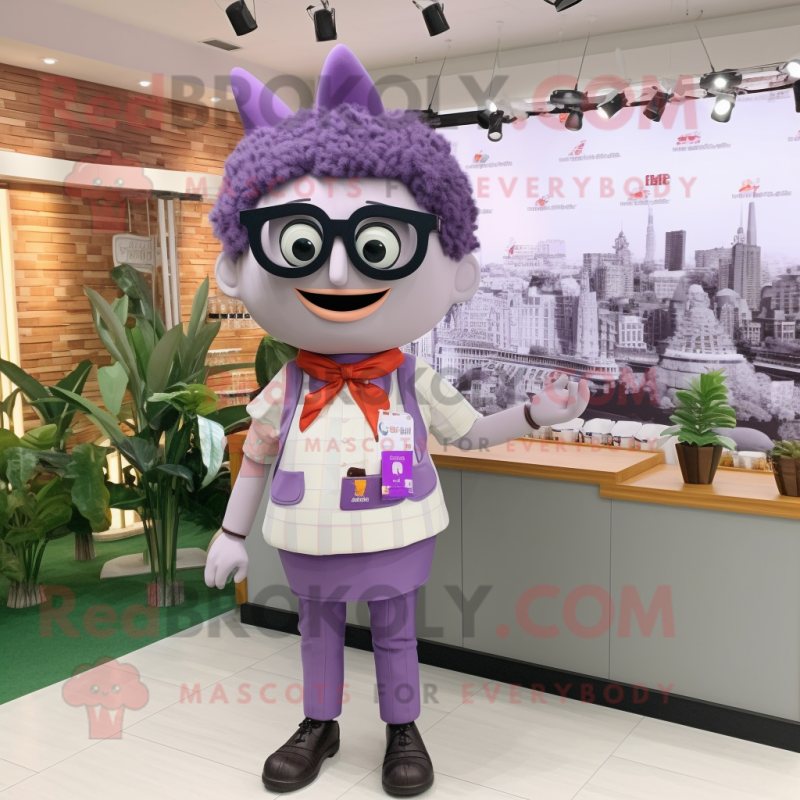 Lavender Steak mascot costume character dressed with a Blouse and Eyeglasses