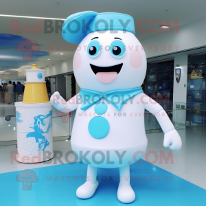 Sky Blue Bottle Of Milk mascot costume character dressed with a One-Piece Swimsuit and Cufflinks