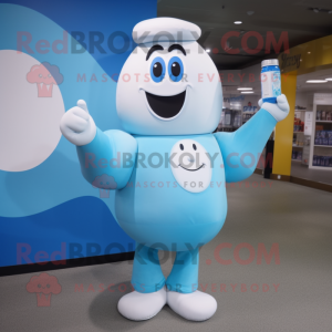 Sky Blue Bottle Of Milk mascot costume character dressed with a One-Piece Swimsuit and Cufflinks