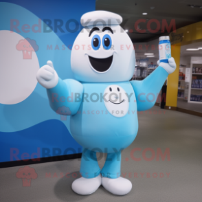 Sky Blue Bottle Of Milk mascot costume character dressed with a One-Piece Swimsuit and Cufflinks