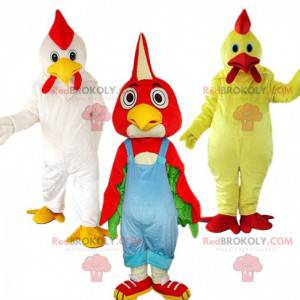 3 mascottes de poules, costumes de poulets, déguisement