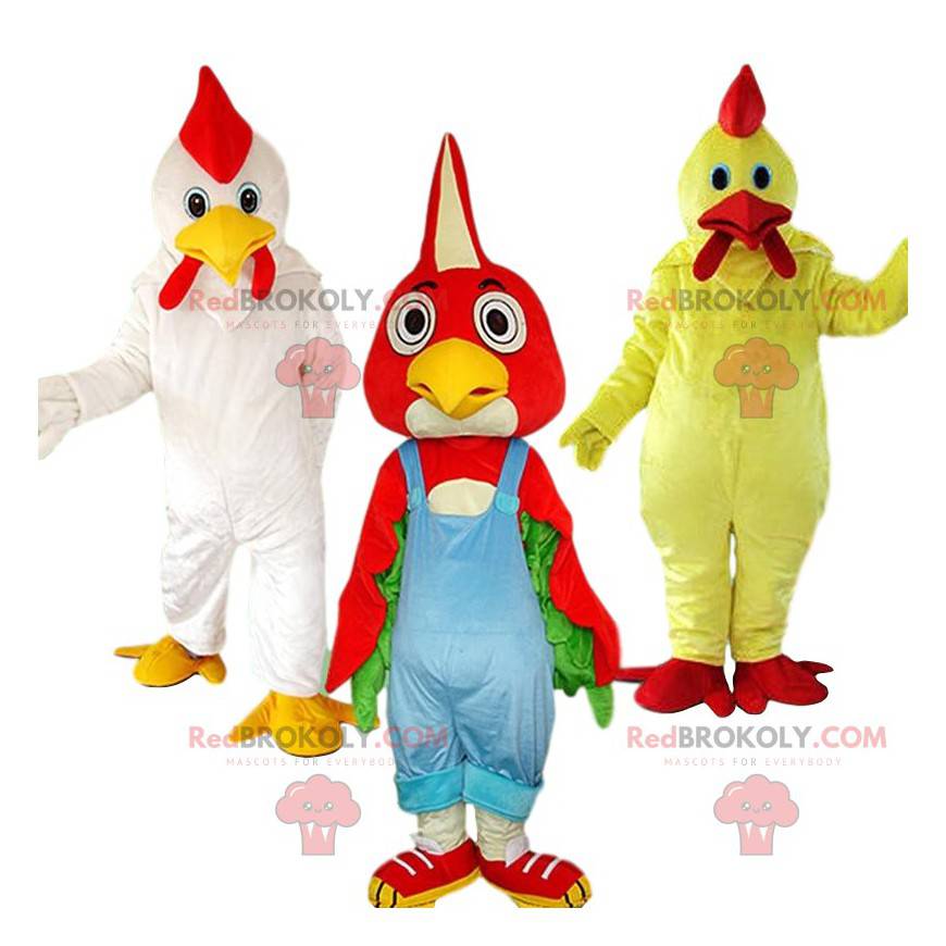 3 mascotes de frango, fantasias de frango, fantasia de pássaro