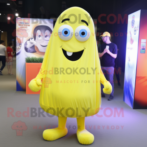 Lemon Yellow Ghost mascot costume character dressed with a Denim Shorts and Foot pads