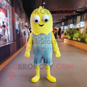 Lemon Yellow Ghost mascot costume character dressed with a Denim Shorts and Foot pads