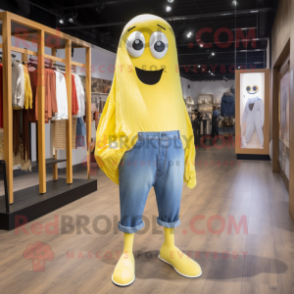 Lemon Yellow Ghost mascot costume character dressed with a Denim Shorts and Foot pads