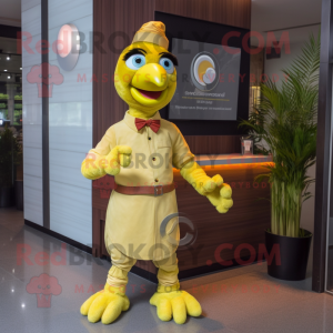 Lemon Yellow Tandoori Chicken mascot costume character dressed with a Flare Jeans and Bracelet watches