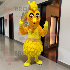 Lemon Yellow Tandoori Chicken mascot costume character dressed with a Flare Jeans and Bracelet watches