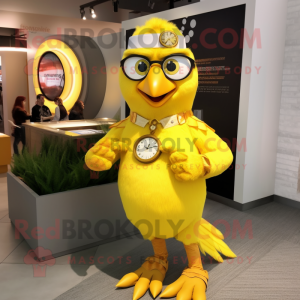 Lemon Yellow Tandoori Chicken mascot costume character dressed with a Flare Jeans and Bracelet watches