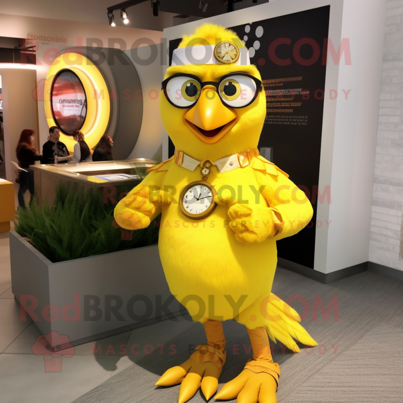 Lemon Yellow Tandoori Chicken mascot costume character dressed with a Flare Jeans and Bracelet watches Lemon Yellow Tandoori Chicken mascot costume character dressed with a Flare Jeans and Bracelet watches