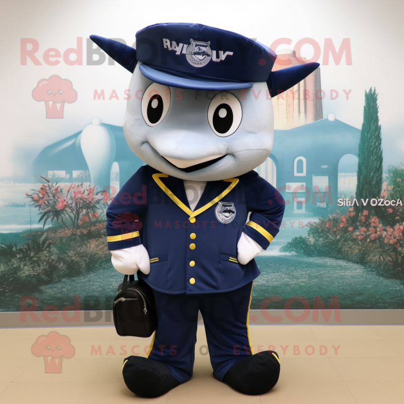Navy Ray mascot costume character dressed with a Suit Pants and Backpacks Navy Ray mascot costume character dressed with a Suit Pants and Backpacks