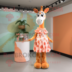 Peach Giraffe mascot costume character dressed with a Maxi Skirt and Wraps