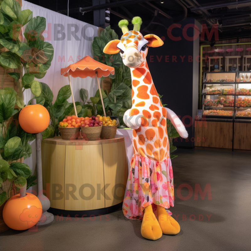 Peach Giraffe mascot costume character dressed with a Maxi Skirt and Wraps