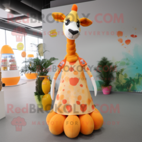 Peach Giraffe mascot costume character dressed with a Maxi Skirt and Wraps