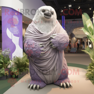 Lavender Giant Sloth mascot costume character dressed with a Trousers and Wraps
