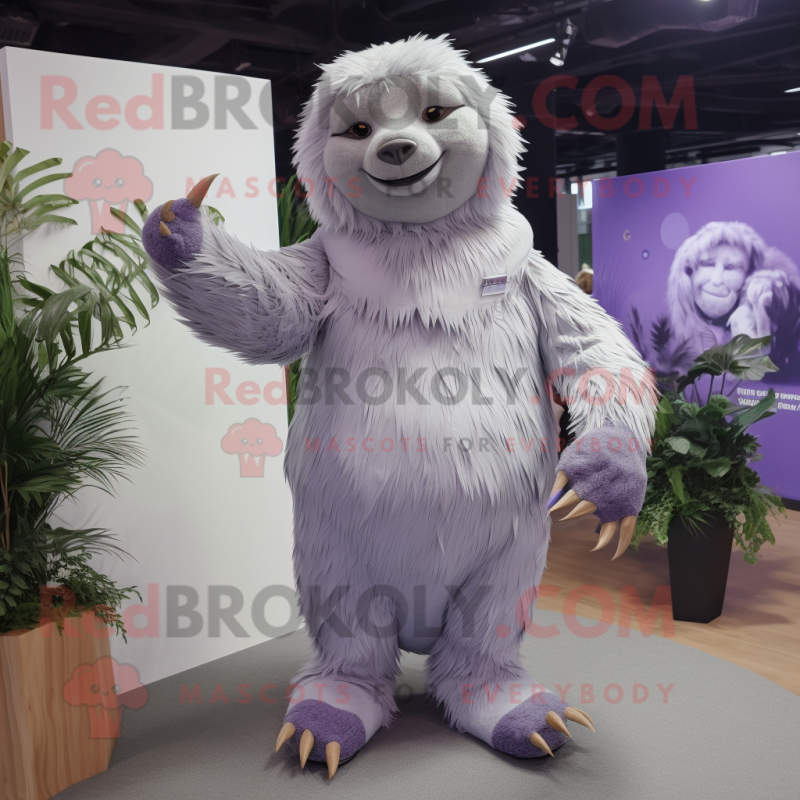 Lavender Giant Sloth mascot costume character dressed with a Trousers and Wraps