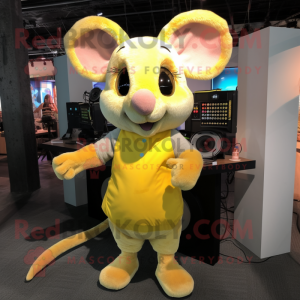 Yellow Mouse mascot costume character dressed with a Tank Top and Hair clips