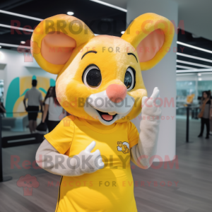 Yellow Mouse mascot costume character dressed with a Tank Top and Hair clips
