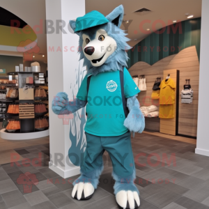 Teal Wolf mascot costume character dressed with a Polo Tee and Tote bags