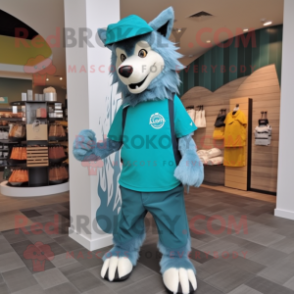 Teal Wolf mascot costume character dressed with a Polo Tee and Tote bags